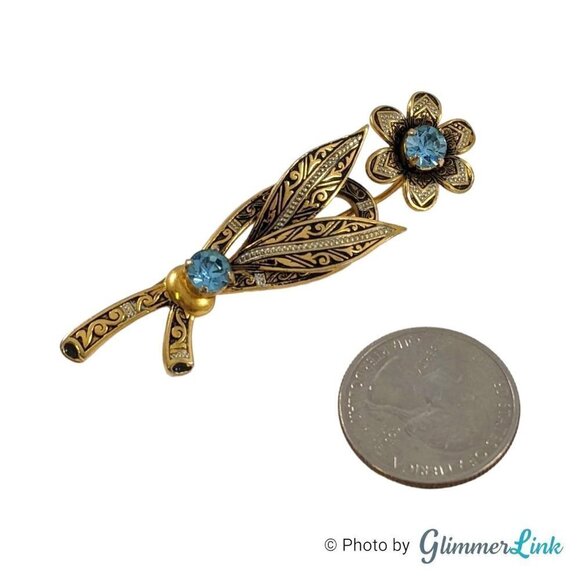 Vintage Damascene Style Floral Blue Rhinestones Gold Tone Brooch - Picture 3 of 5